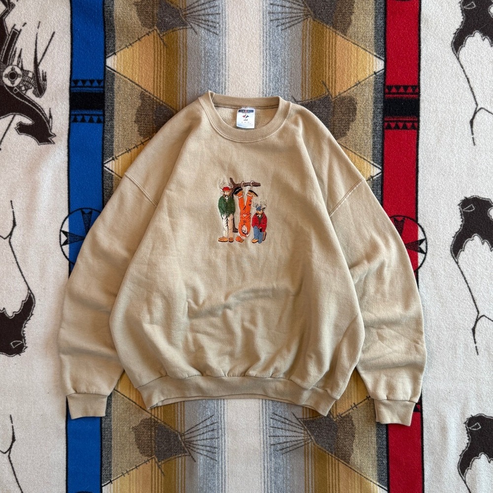 Jerzees NuBlend Mens XL Tan Funny Deer Hunting Human Embroidered Sweatshirt